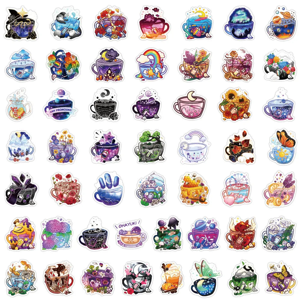 Nordic style colourful tea cup waterproof stickers 50-piece pack for DIY personalisation