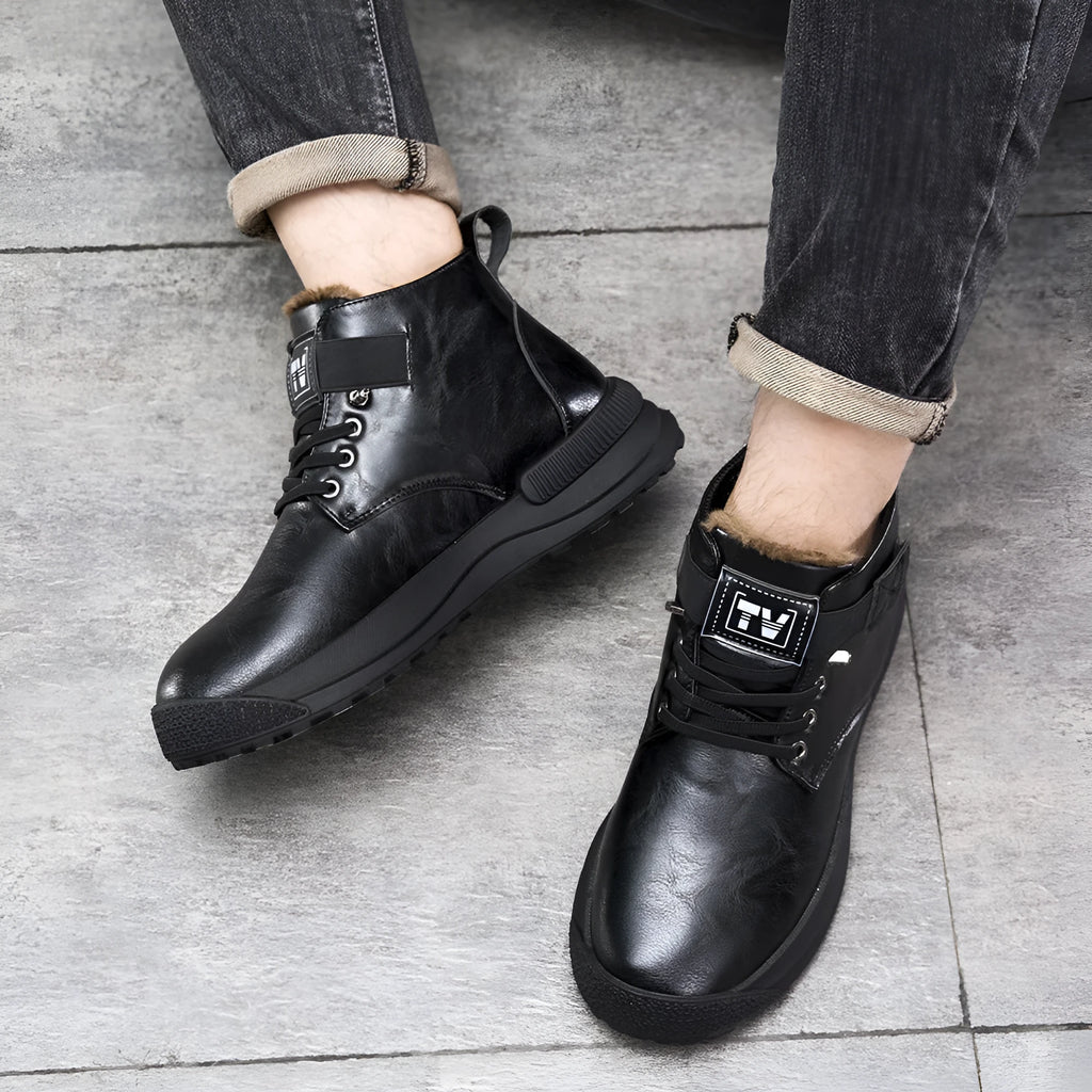 Men's black high-top platform Martin boots with velvet and PU upper on a rubber sole.