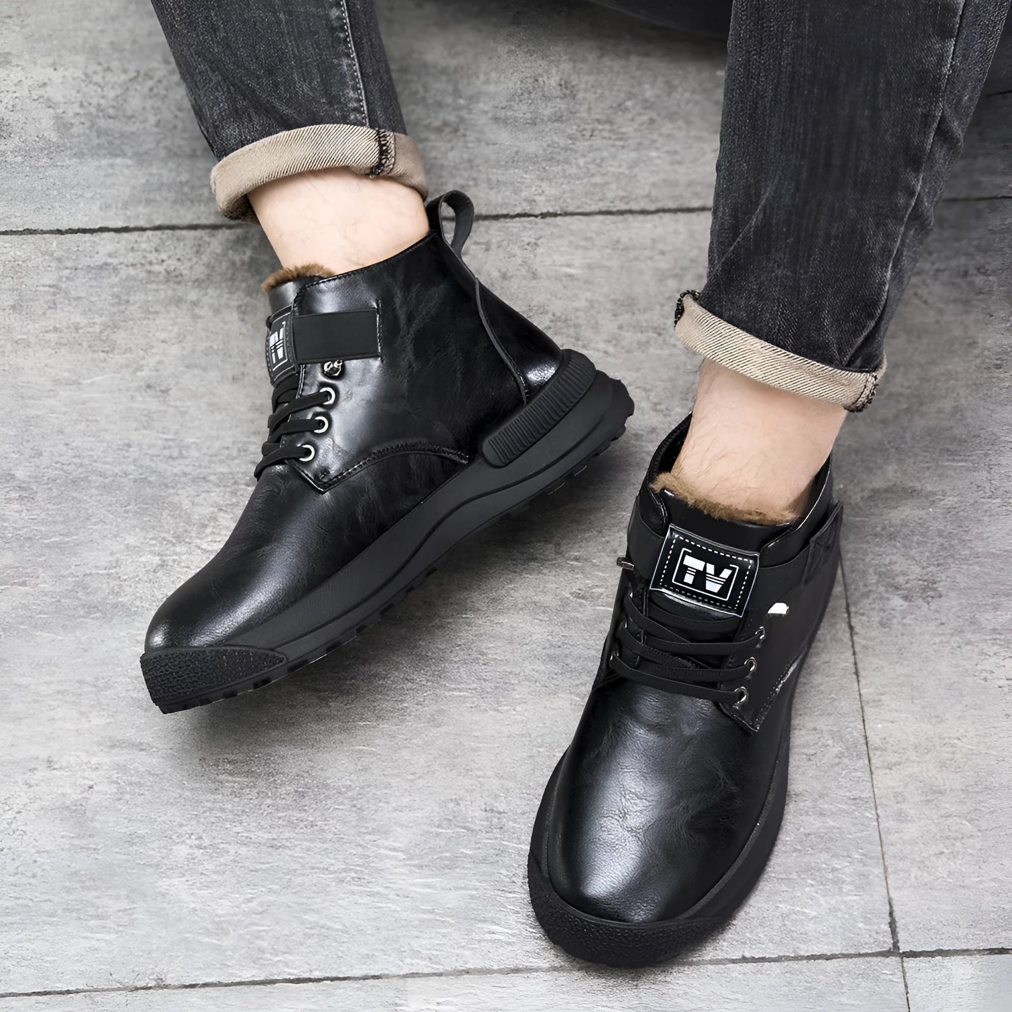 Men's black high-top platform Martin boots with velvet and PU upper on a rubber sole.