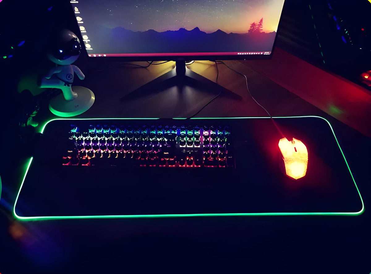 RGB luminous mouse pad with switch control, multiple sizes, 3mm or 4mm thickness, and 2m data cable included.