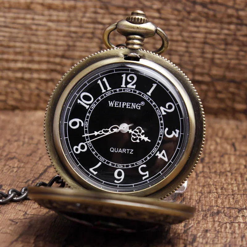 Bronze skull ceramic pocket watch with 4.7cm case and 37.5cm chain, antique style