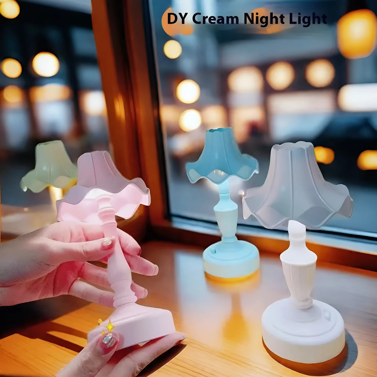 Cream retro simple DIY table lamp with pink or white flowers, lead-acid battery and USB cable