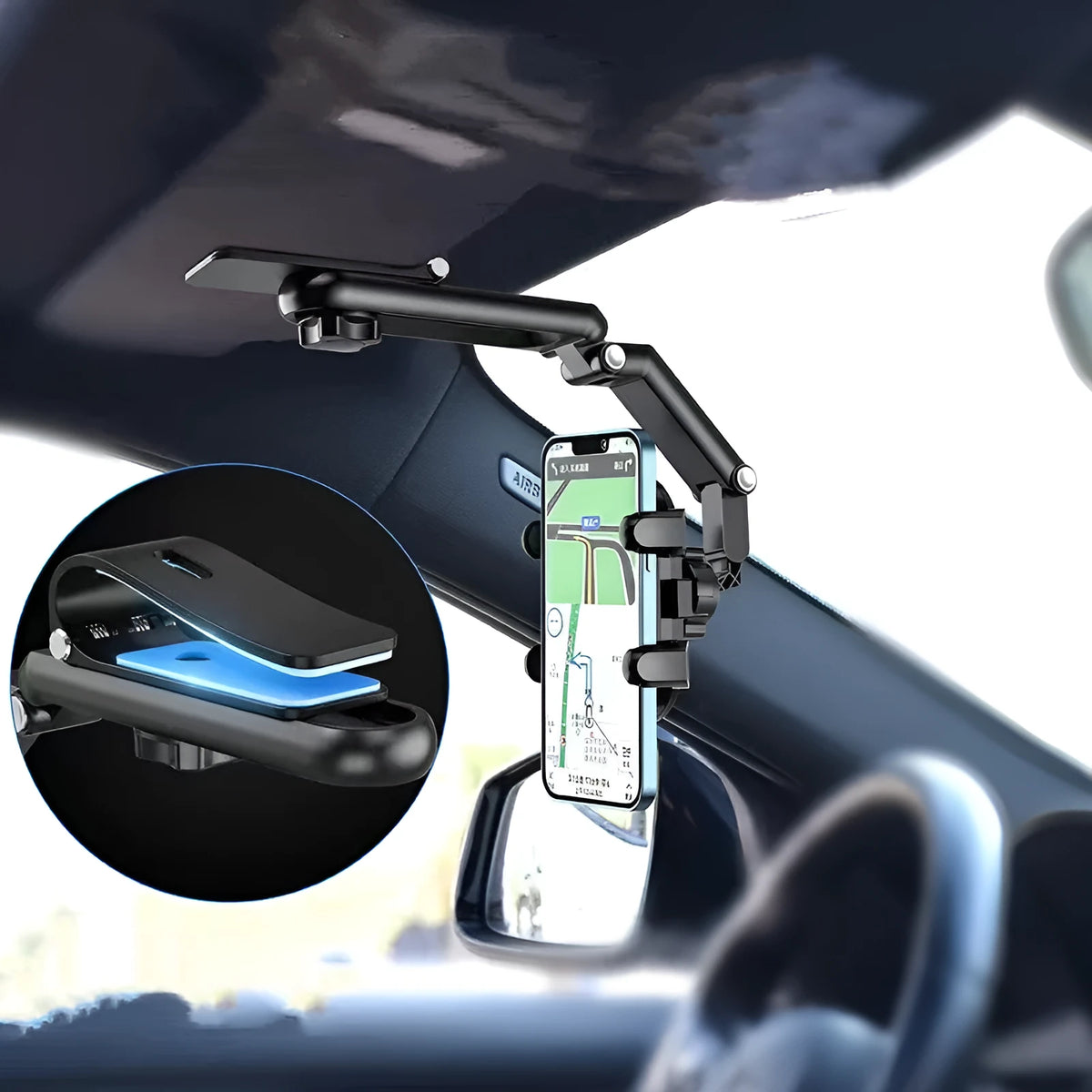 Black and green car sun visor with buckle for mounting on rear seat window