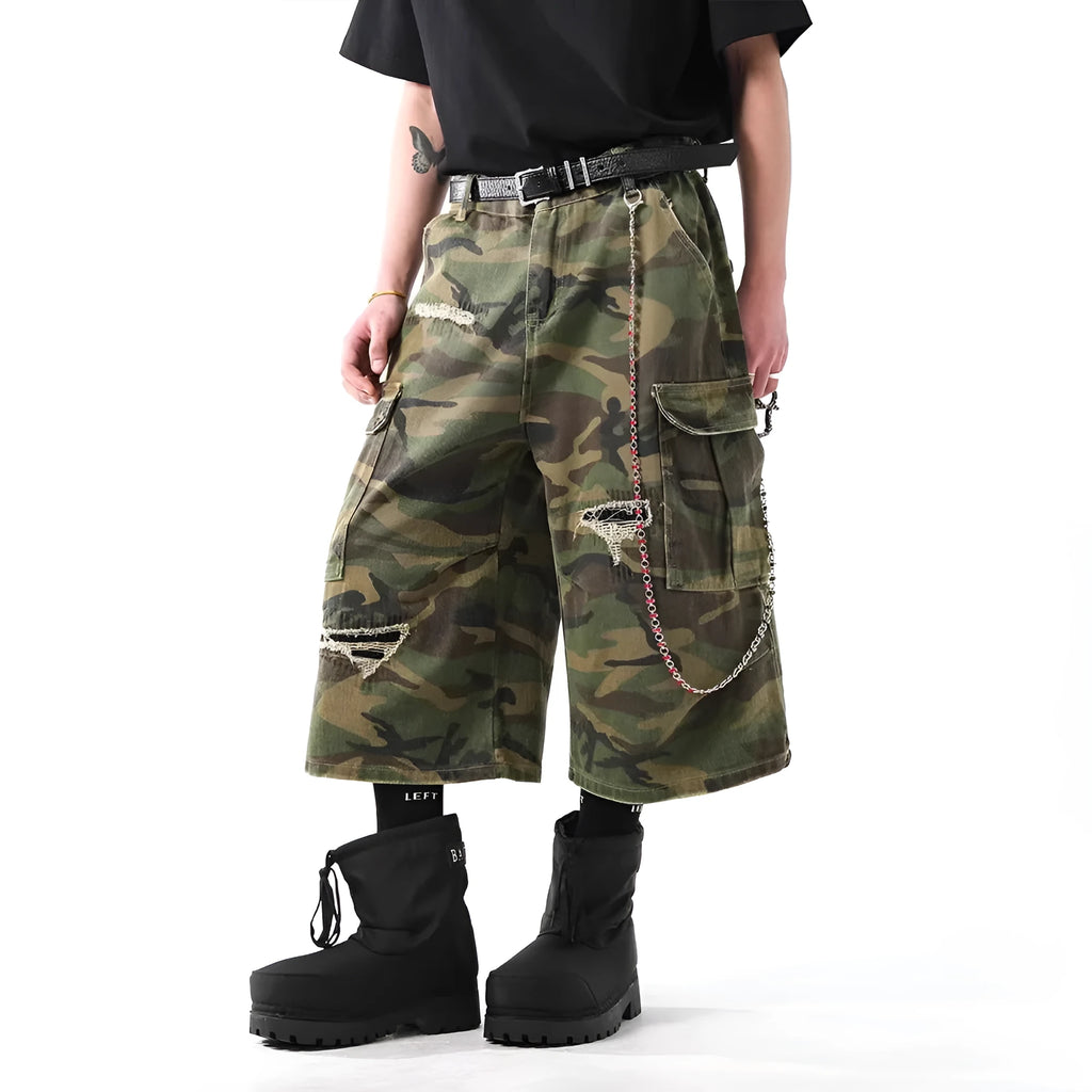 Retro camouflage cropped cotton denim trousers for men, straight-leg, mid-waist, available in sizes S to XXL.