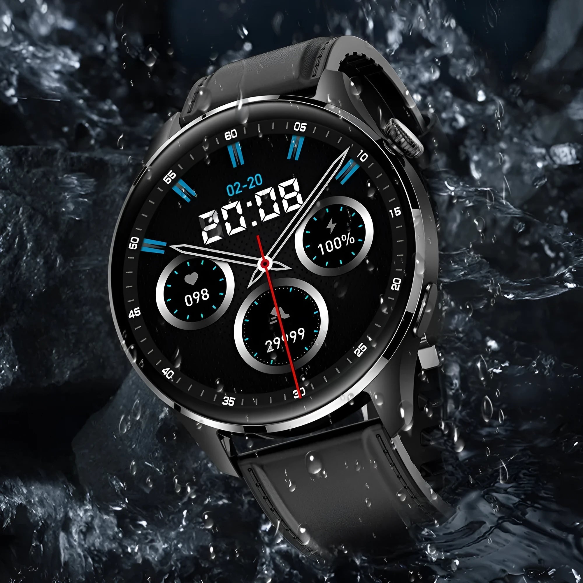 Black Bluetooth smart watch with round colour touch screen on a silicone strap