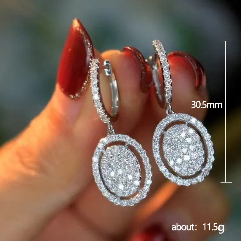 White gold plated oval earrings for women with copper base and geometric European American style, one pair