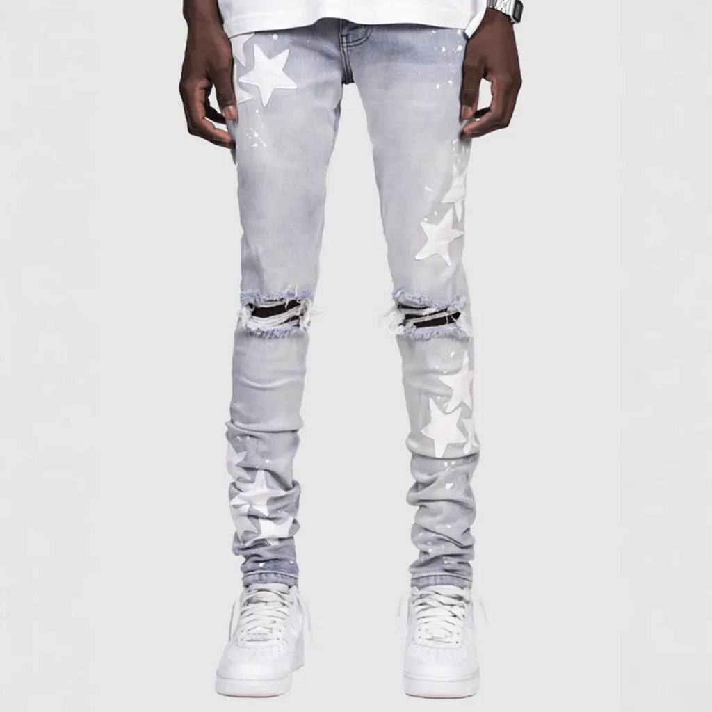 Men's slim fit stretch jeans in gray, blue or light blue with embroidered detail, mid waist and tight leg