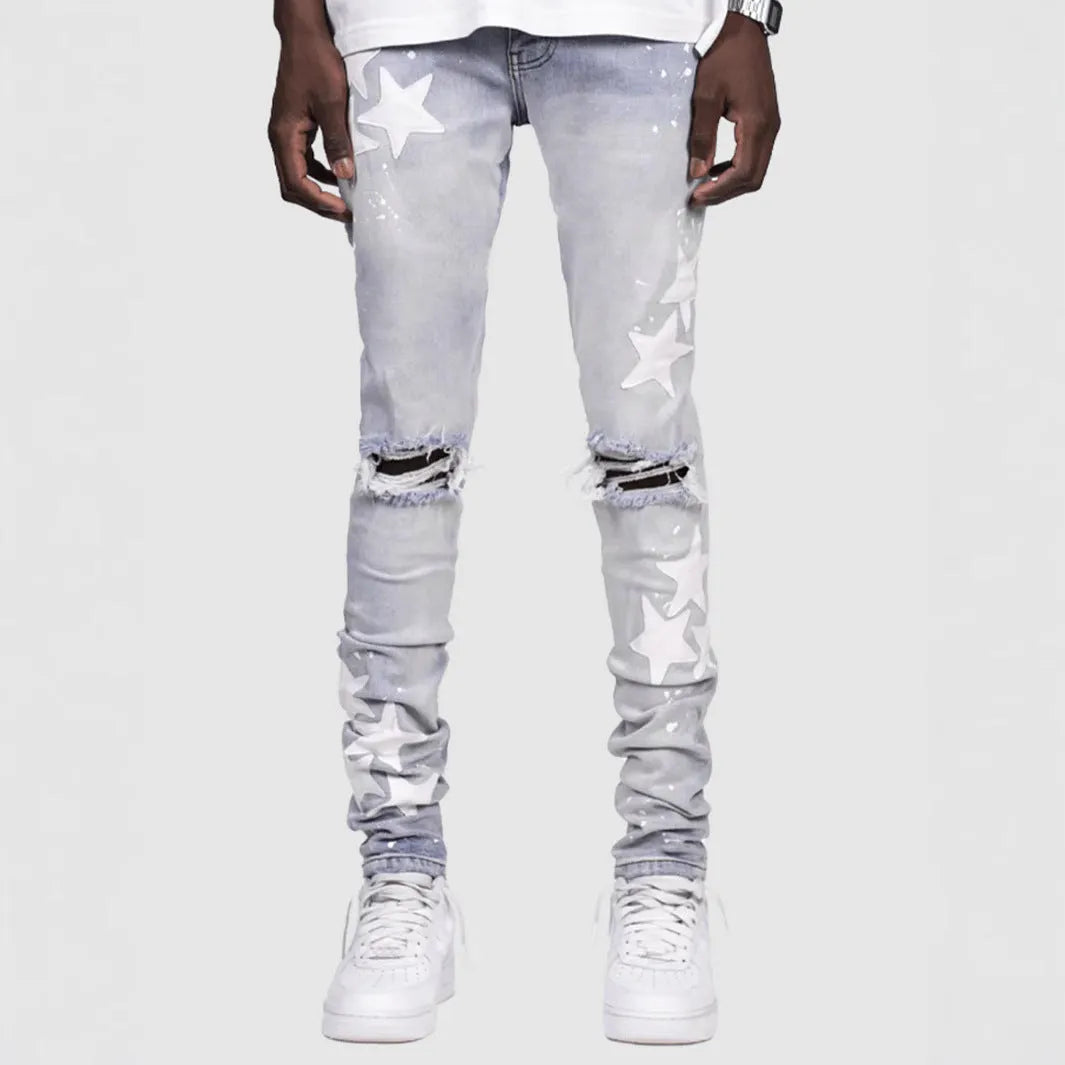 Men's slim fit stretch jeans in gray, blue or light blue with embroidered detail, mid waist and tight leg