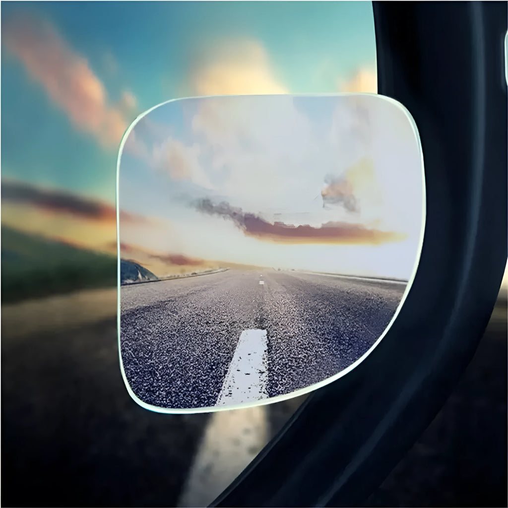 Pair of small circular fan-shaped white blind spot mirrors with 360-degree adjustable mount for cars