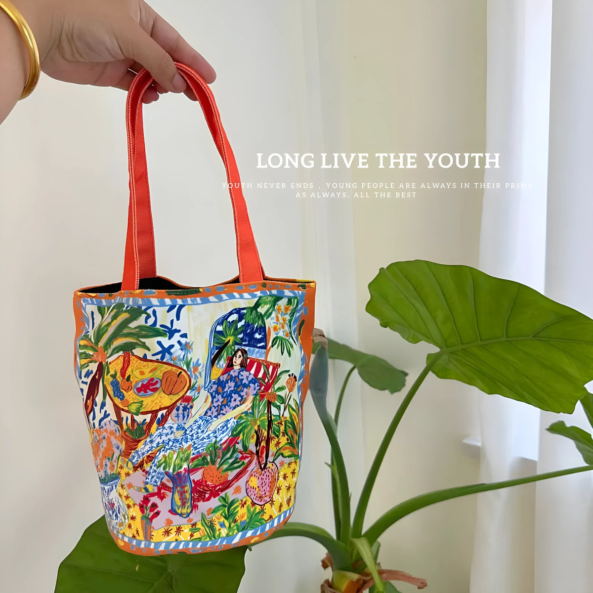 Thailand artistic bucket bag in Dream Garden orange plush with double straps and canvas lining