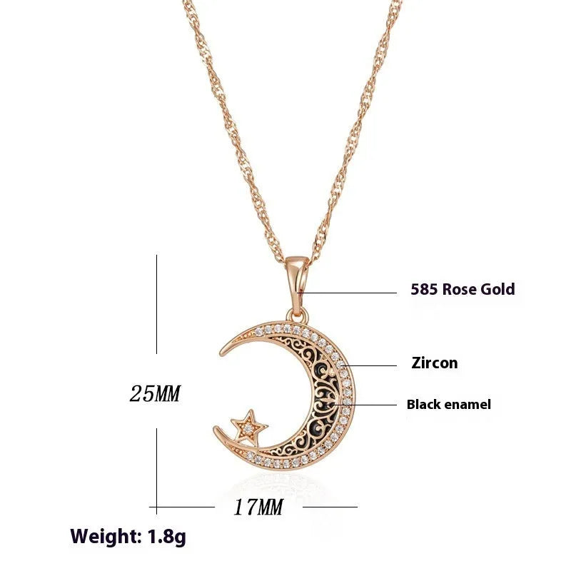 Rose gold star moon necklace with zircon pendant on adjustable water wave chain showing celestial design