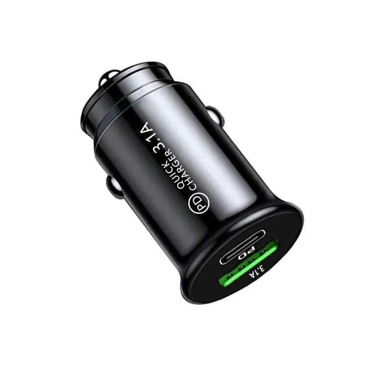 Black and white dual USB car charger with USB-A and USB-C ports for vehicle cigarette lighter socket.