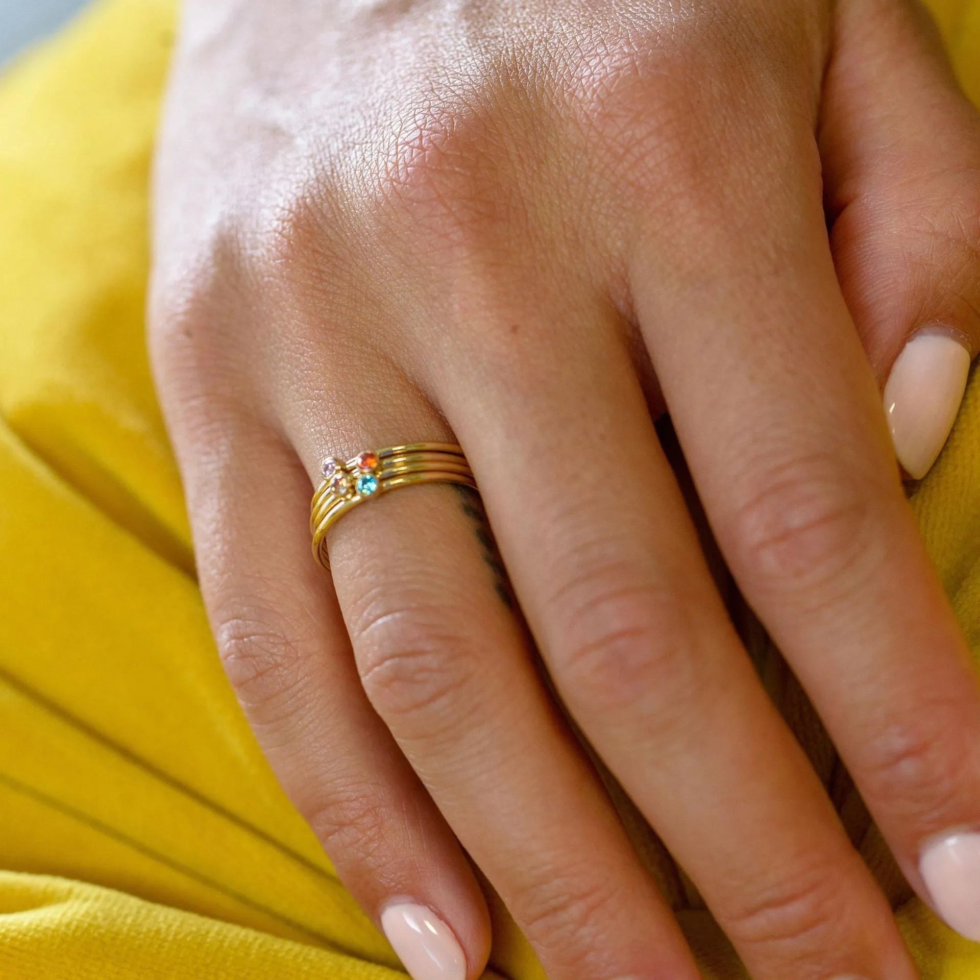 December birthstone titanium steel ring with engraved geometric design and gold accents