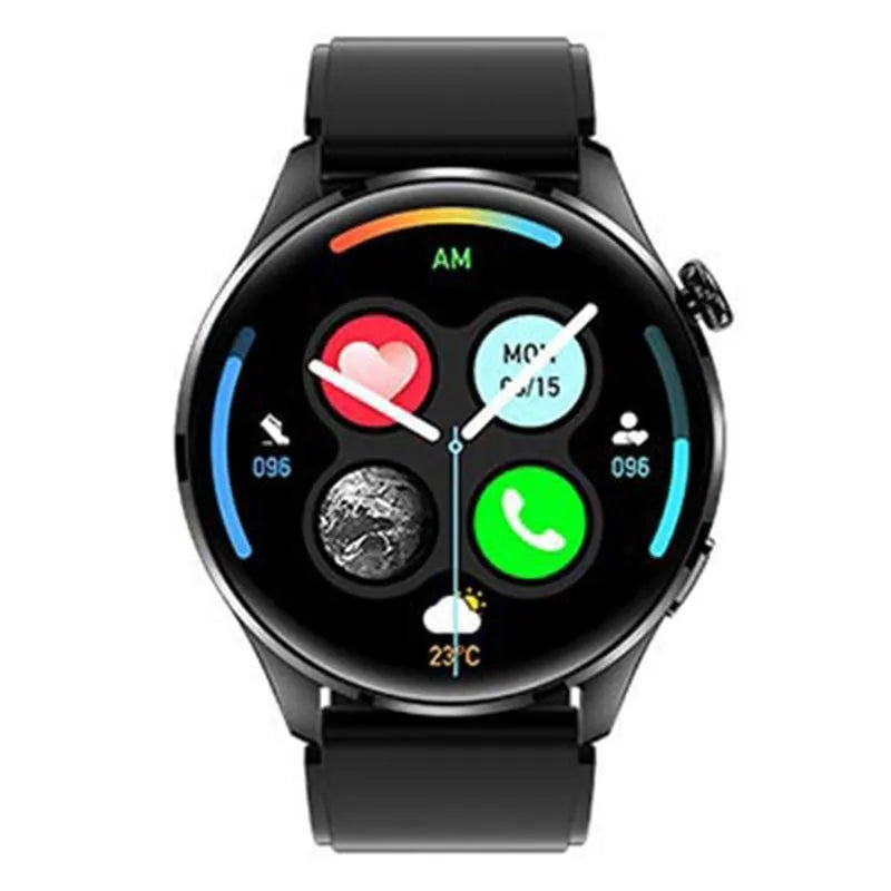 Black Bluetooth smart watch with round colour touch screen on a silicone strap