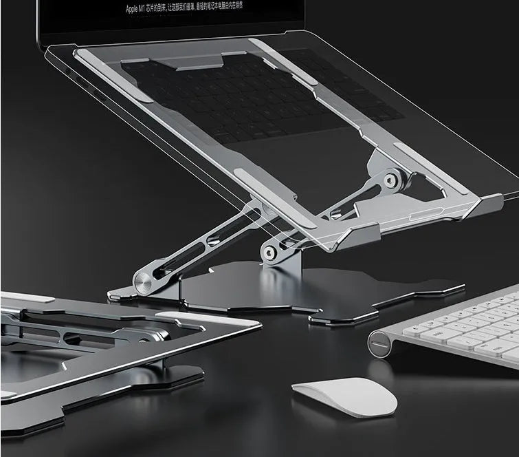 Grey aluminium adjustable laptop stand in folded and open positions, showing hollow design