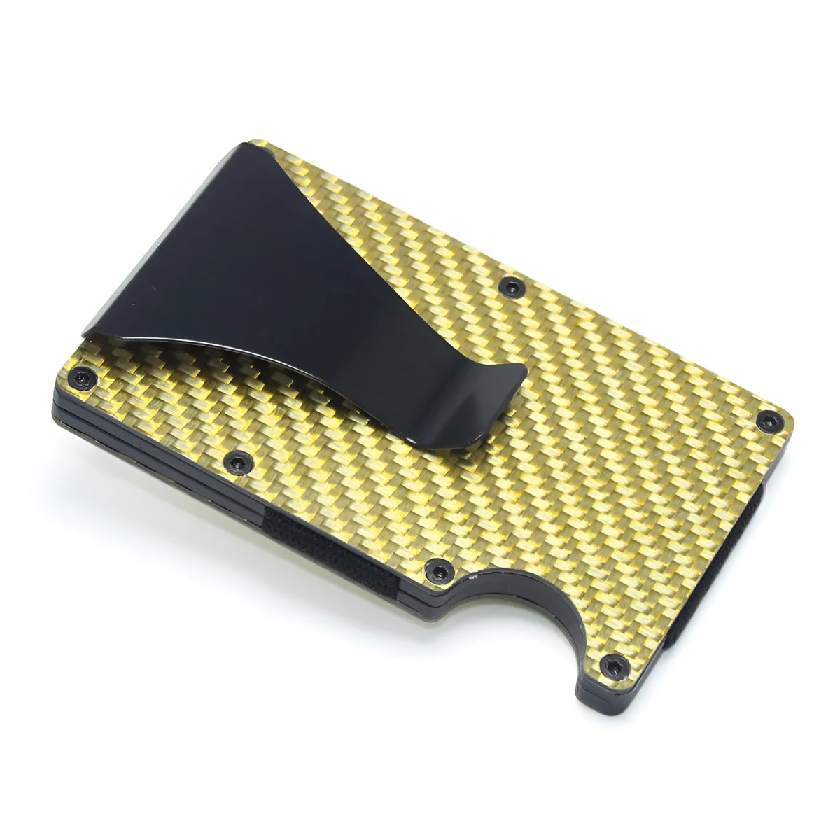 Geometric carbon fibre card holder showing 8mm thickness with capacity for multiple bank cards