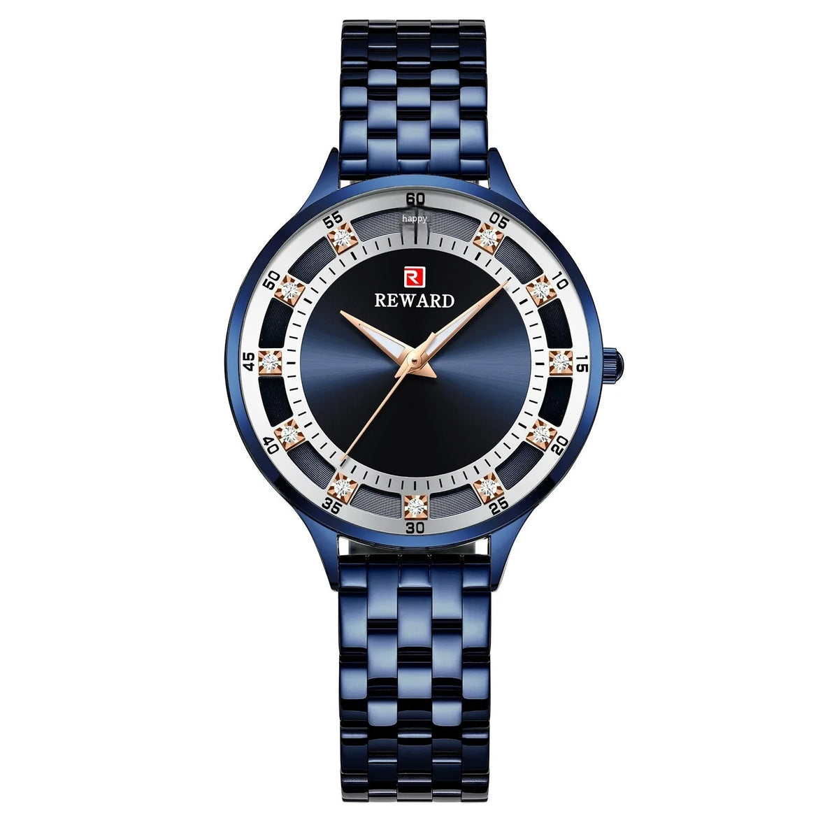Women's quartz watch with steel belt, diamond detail, 8mm thickness, blue shell or rose shell or gold finish