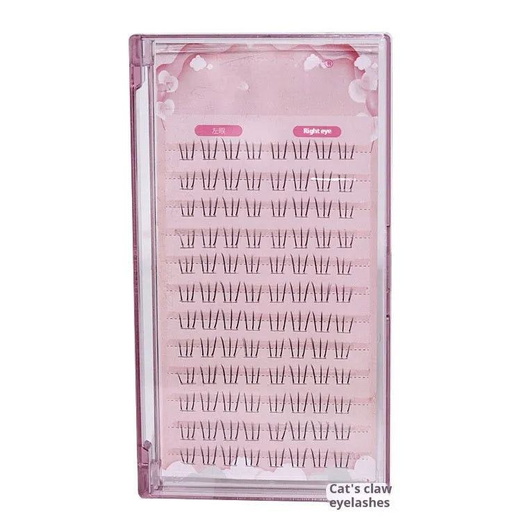 Close-up of Kitten's Paw lower false eyelashes with segmented sheer root and graduated 4-5-6mm lengths on 12 rows.