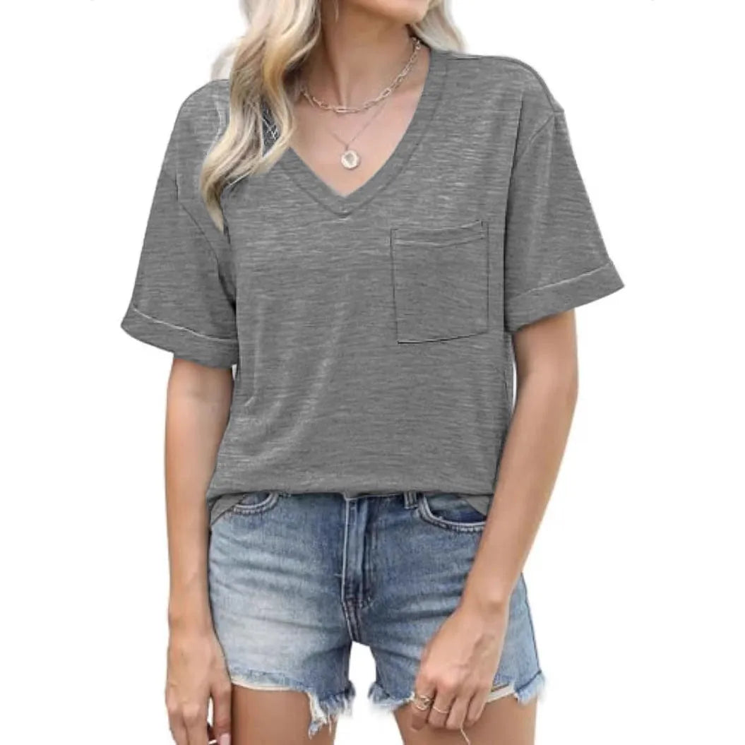 Grey loose fit men's V-neck T-shirt with a chest pocket on a solid background.