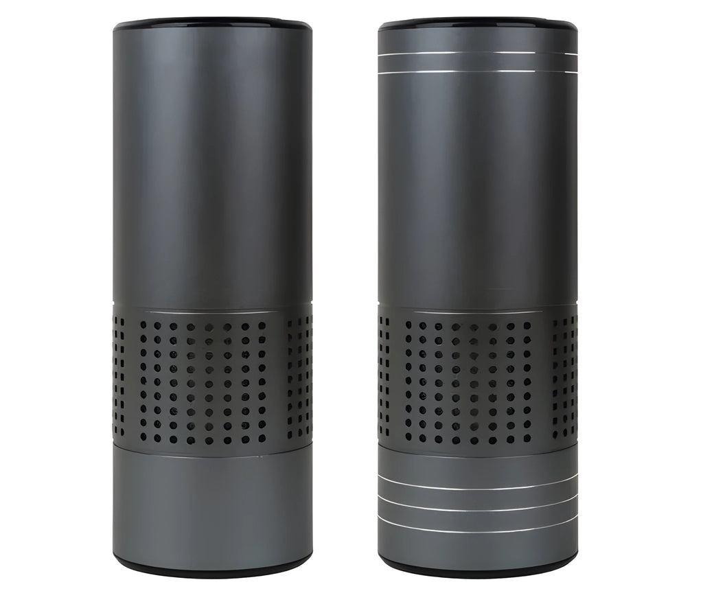 A7 model aluminium alloy car air purifier with display showing air quality, USB cable, and infrared sensor for gesture control.