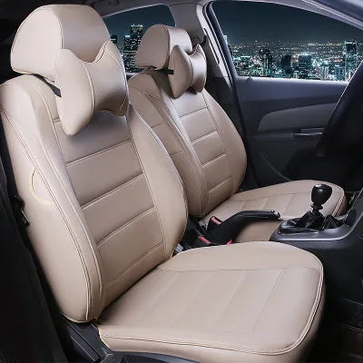 Cow leather universal car seat cover shown in beige and black with red accent colour options.