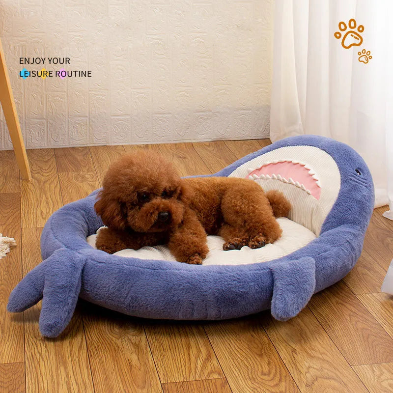 Blue shark pattern velvet pet bed cushion with no-slip bottom for small to medium dogs