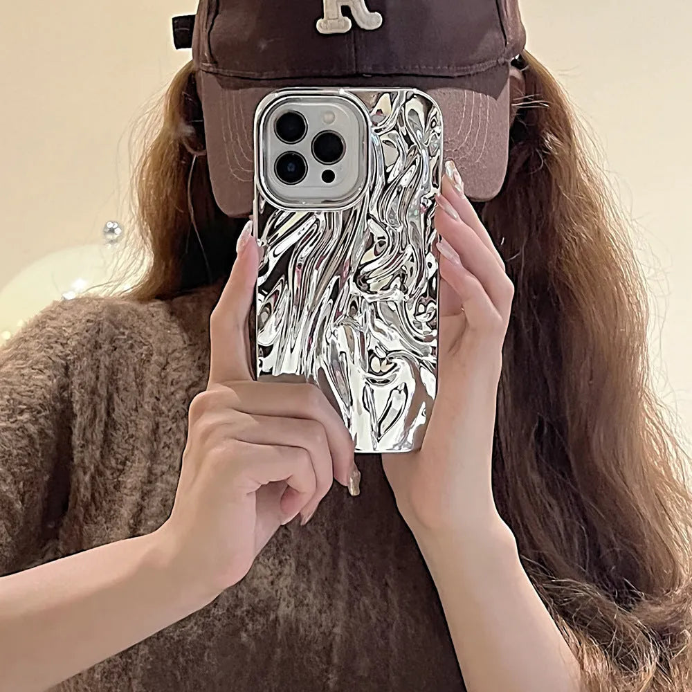 Three-dimensional pleated electroplated TPU phone case for Apple iPhone in pink with fall protection