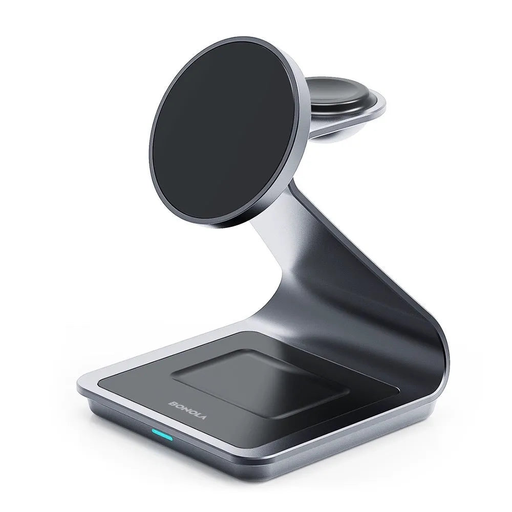 3-in-1 magnetic wireless charger in black or white aluminium alloy and ABS, 96 x 90 x 126mm, with phone, Apple Watch and earphone charging sections