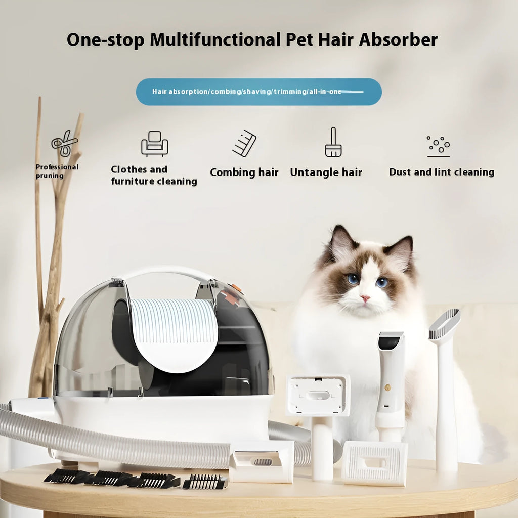White pet grooming vacuum cleaner with attached shaver, hose, and set of grooming combs and calipers.