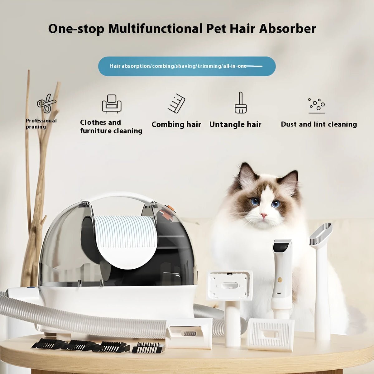White pet grooming vacuum cleaner with attached shaver, hose, and set of grooming combs and calipers.