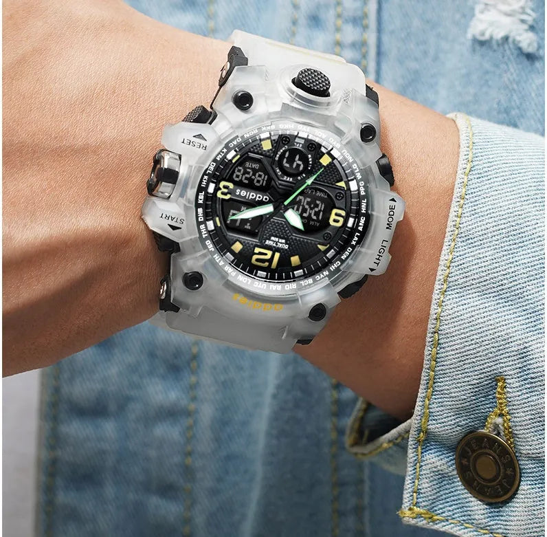 Men's electronic sports watch with dual analogue and digital display in black, red, white or transparent white