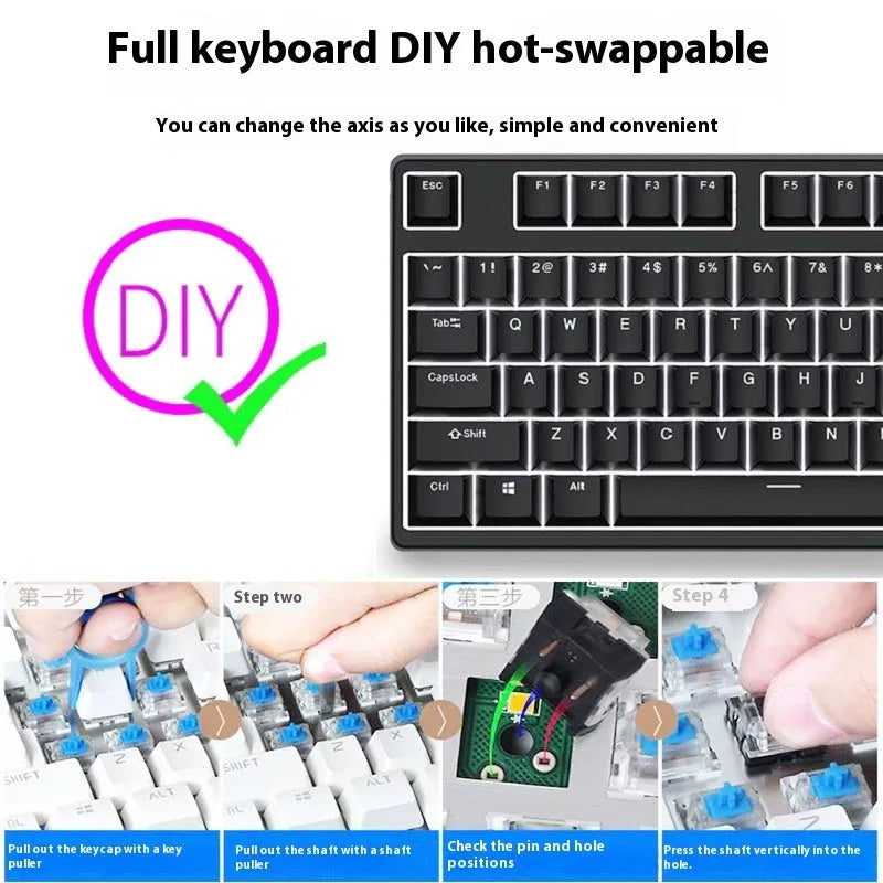 87-key wired mechanical keyboard with hot-swappable switches showing multiple colour combination options