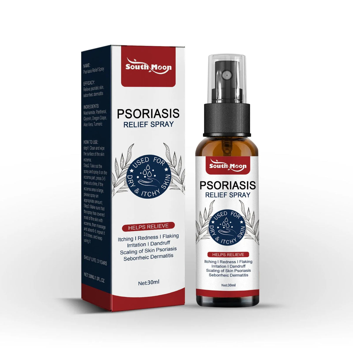 30ml bottle of clear body care spray with a pump nozzle for soothing dry skin.