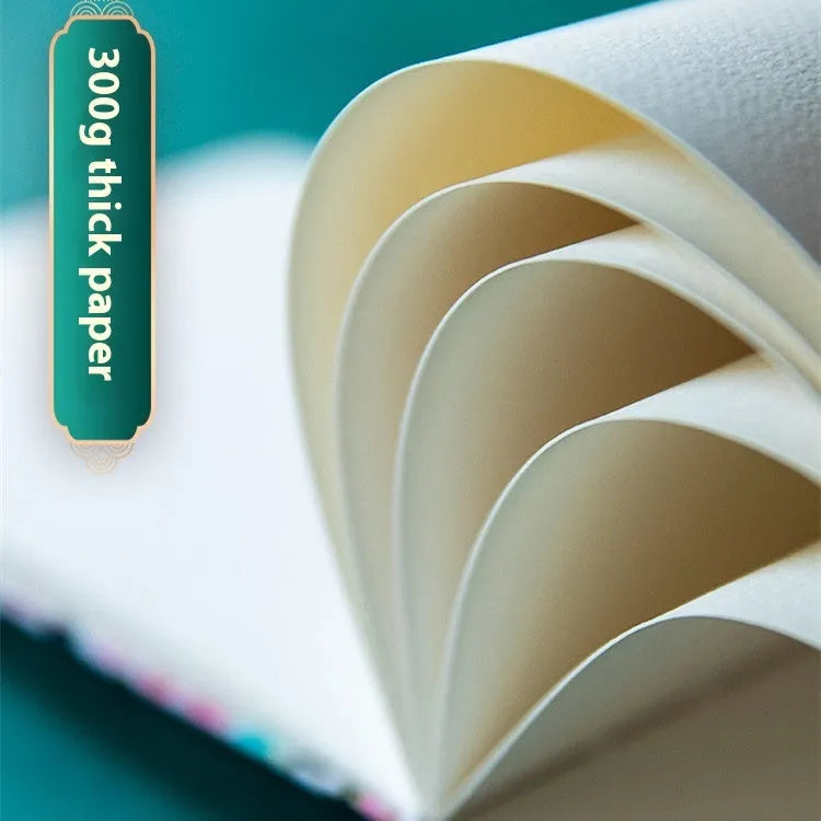 Feiluniao handmade fabric watercolour notebook open on a table with paintbrush.