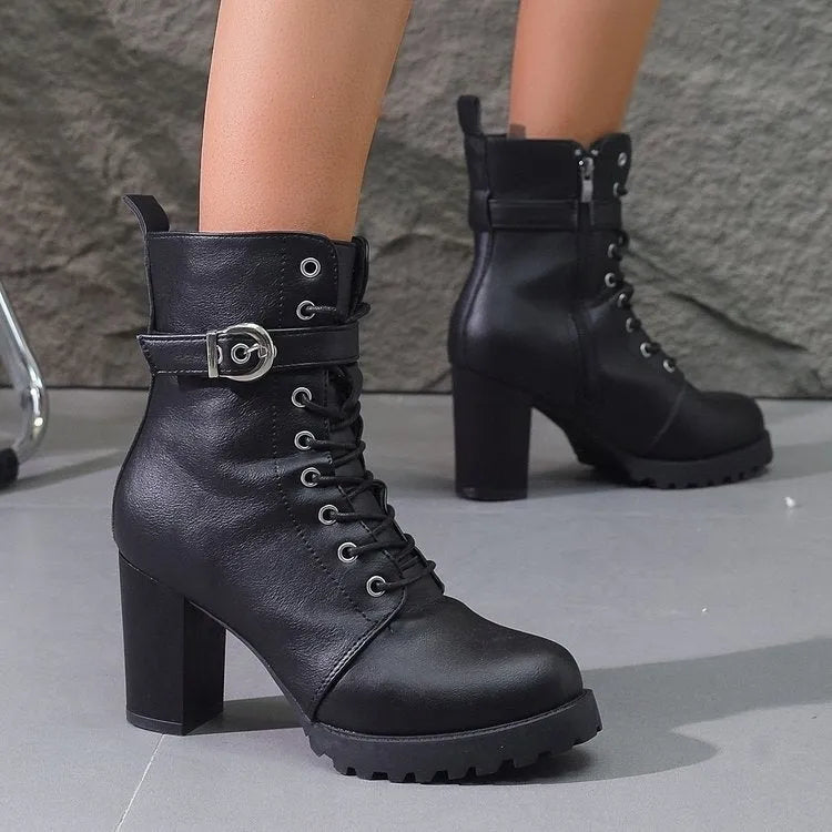 Women's plus size Martin ankle boots in black or dark brown with belt buckle, side zipper, and short stout heel, sizes 35-42