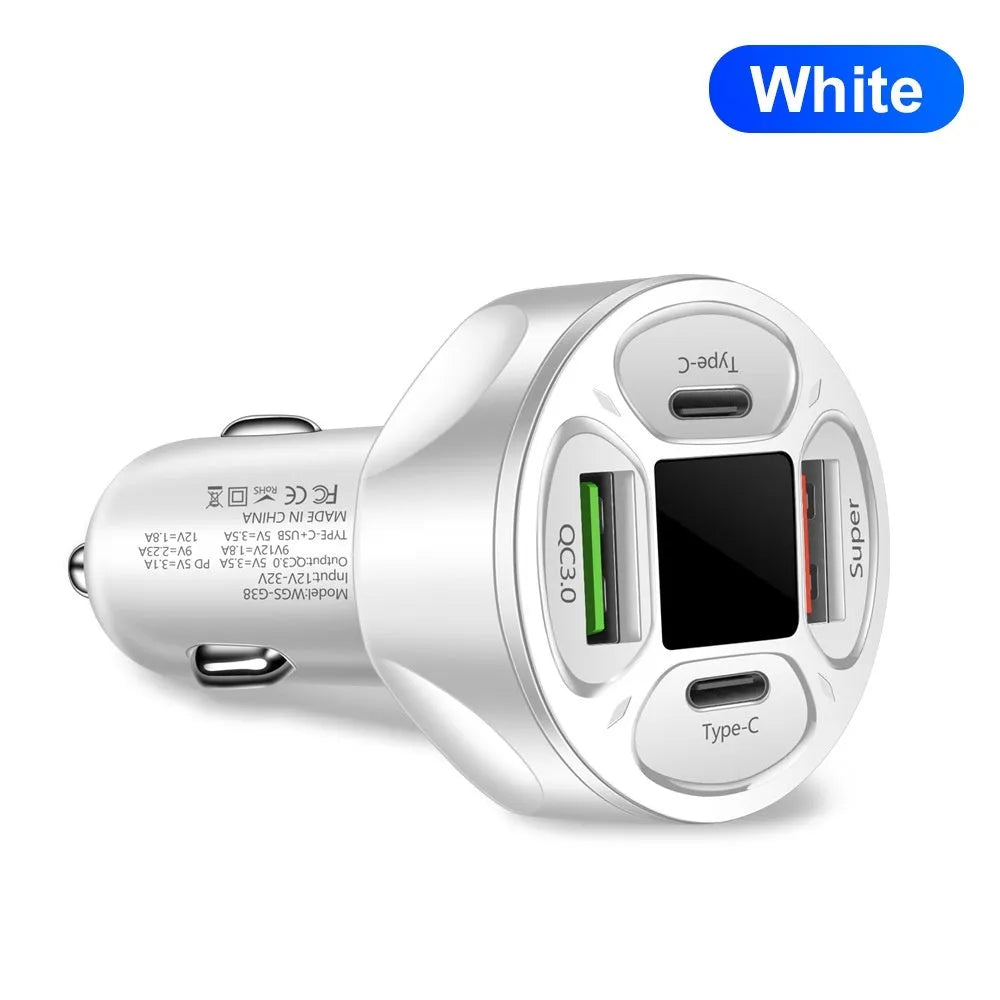66W car charger with digital display showing 2 USB and 2 Type-C ports