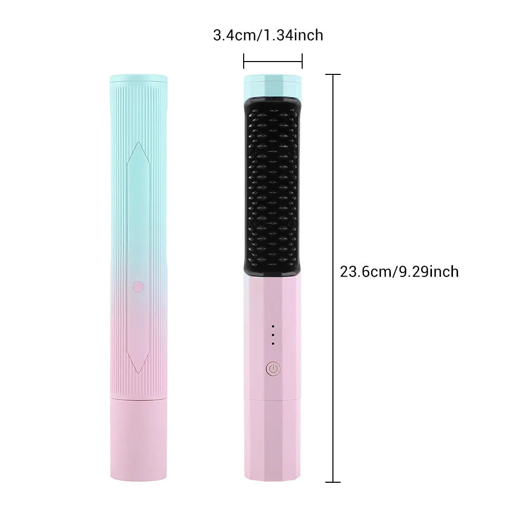 Cordless straightening comb in pink or purple, rechargeable hair brush with anti-scald comb and USB cable, 23cm long