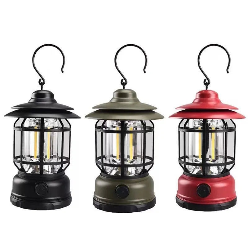 Portable camping head lamp lantern with magnetic base in black, red, or dark green showing 360° illumination