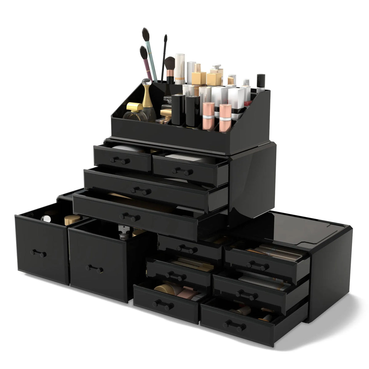 Acrylic three-layer cosmetics storage box in transparent finish with organised compartments on a dressing table
