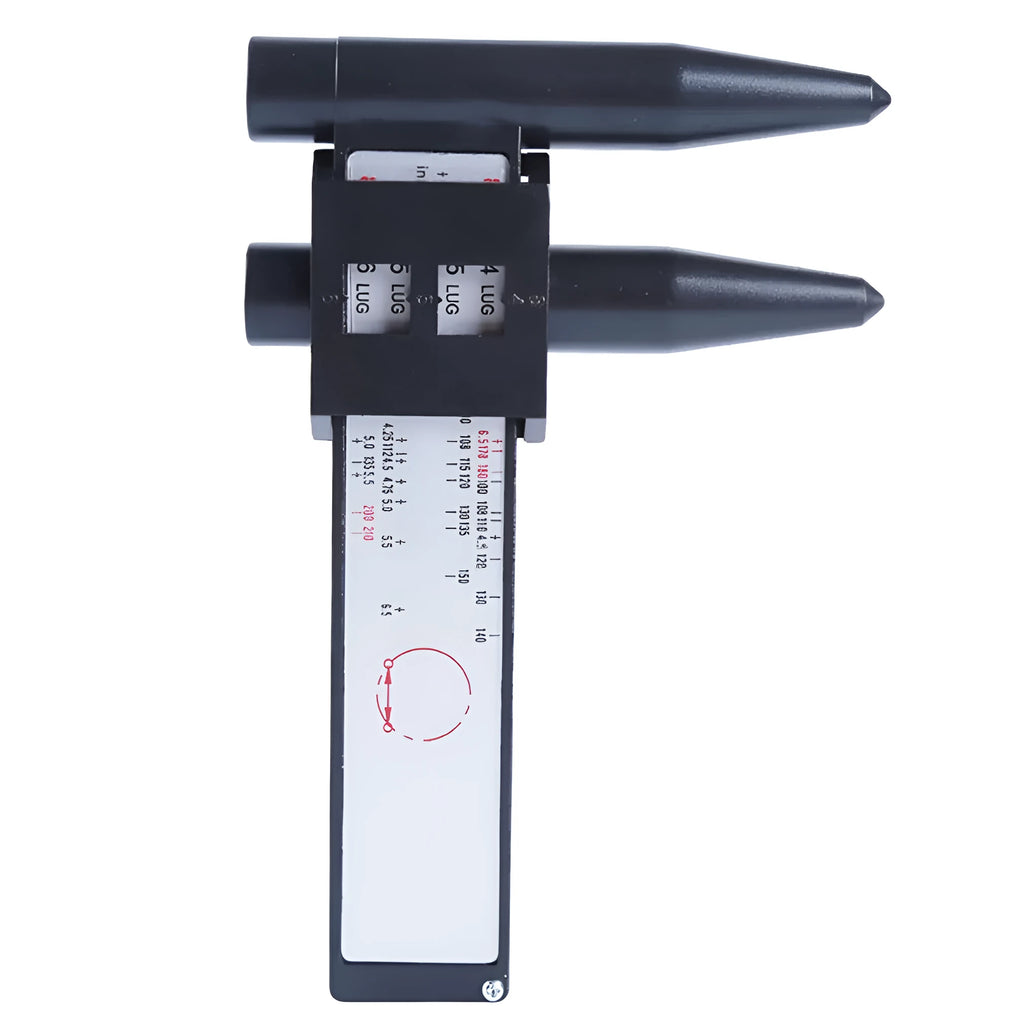 A plastic digital hole distance measuring tool with a display, shown measuring the space between two holes.