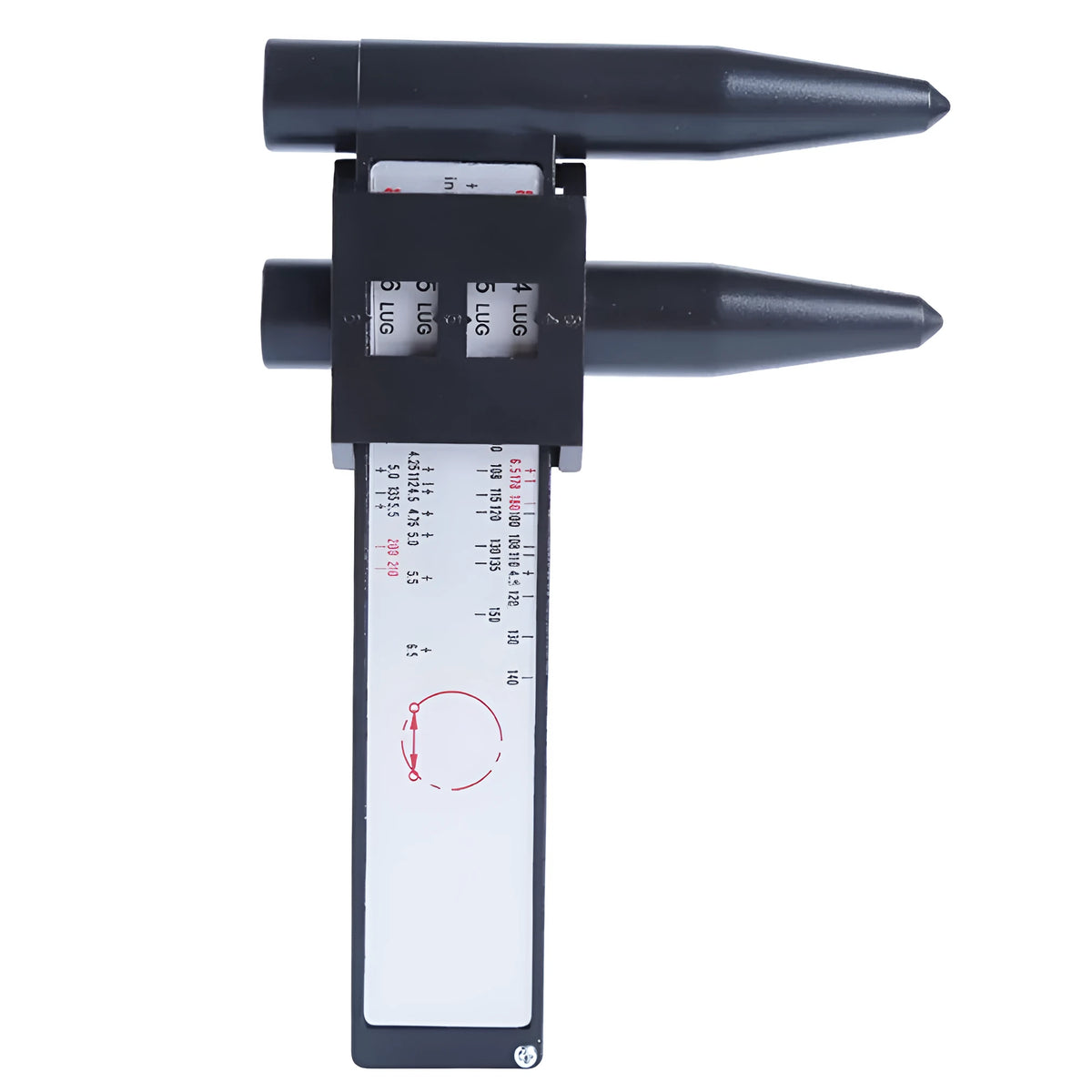A plastic digital hole distance measuring tool with a display, shown measuring the space between two holes.
