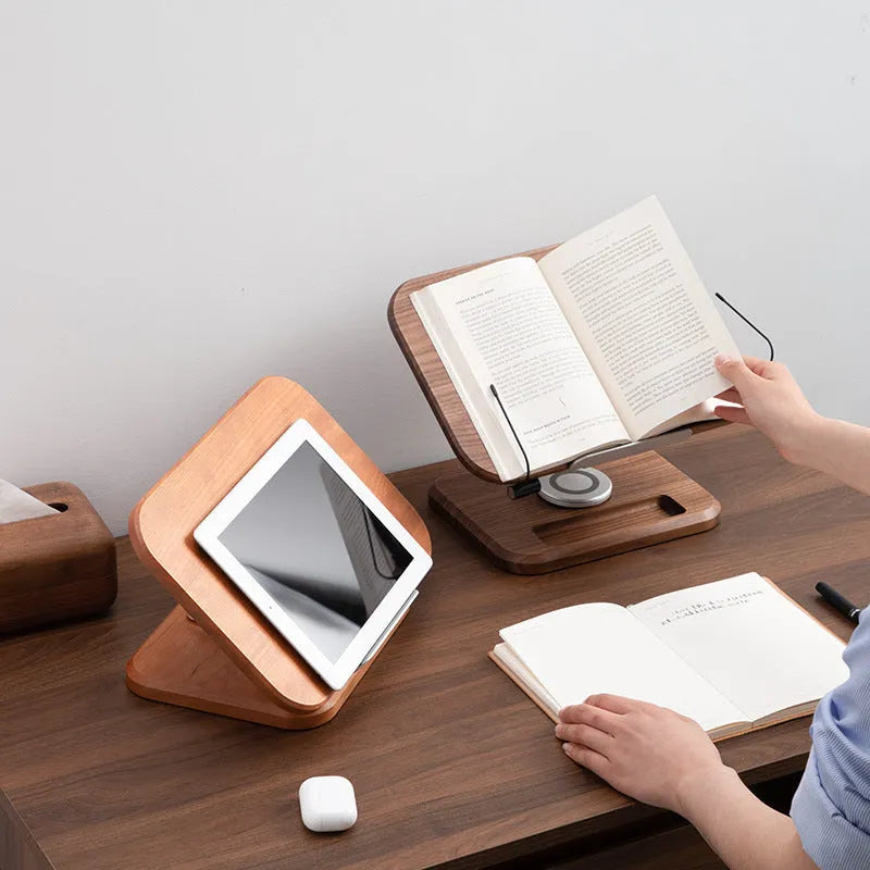 Black walnut solid wood adjustable rotating reading rack holding a book
