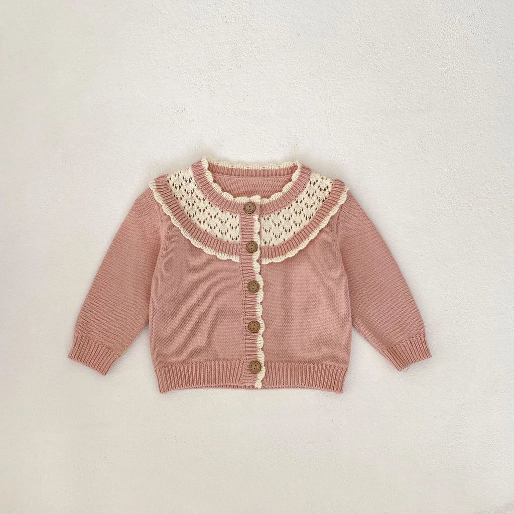 Baby girl cotton knitting suit contrast color sweater suspender romper in pearl powder for 66-100cm height