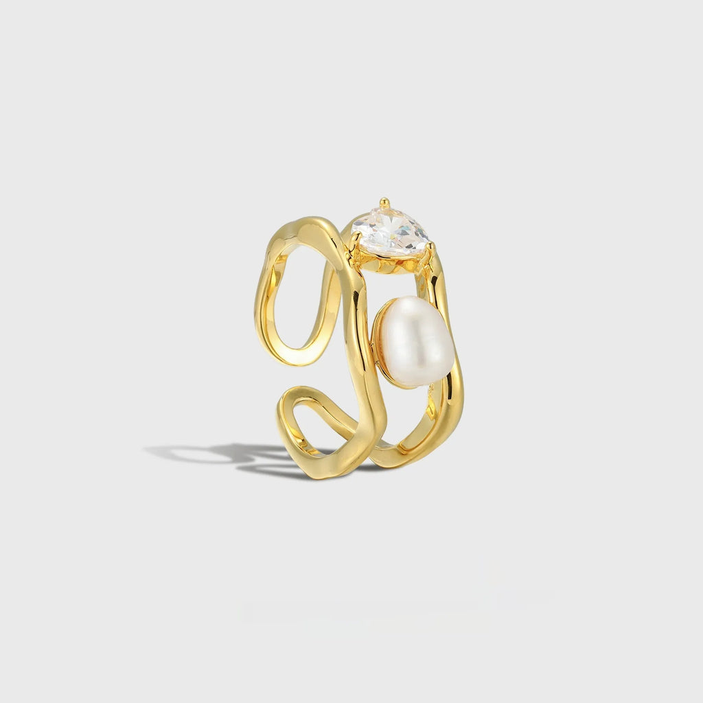 Natural pearl ring with adjustable open mouth design in 14k real gold colour finish on copper base