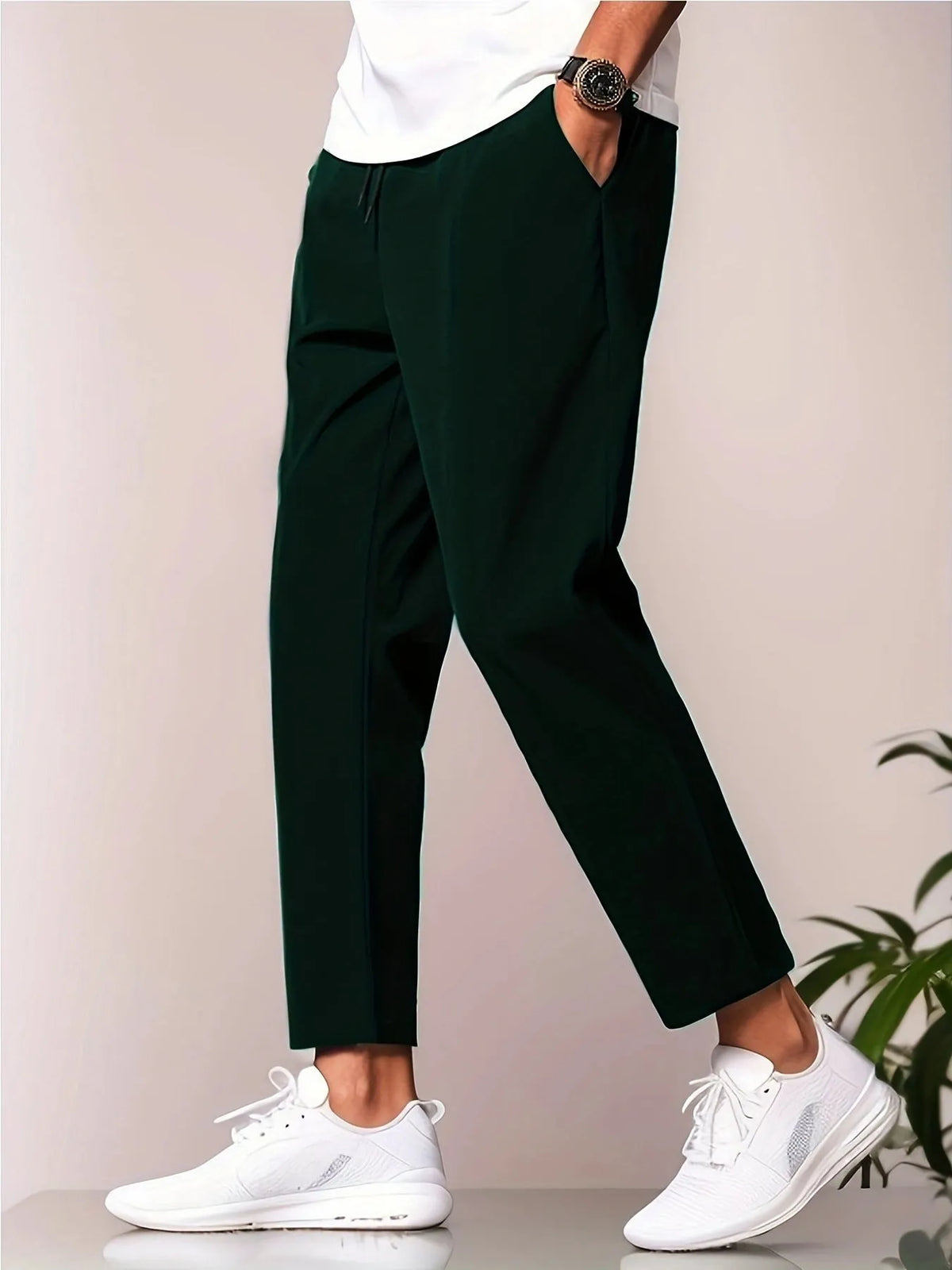Men's slim-fit ankle length polyester trousers, mid waist tapered cropped pants in black, grey, dark green, navy blue
