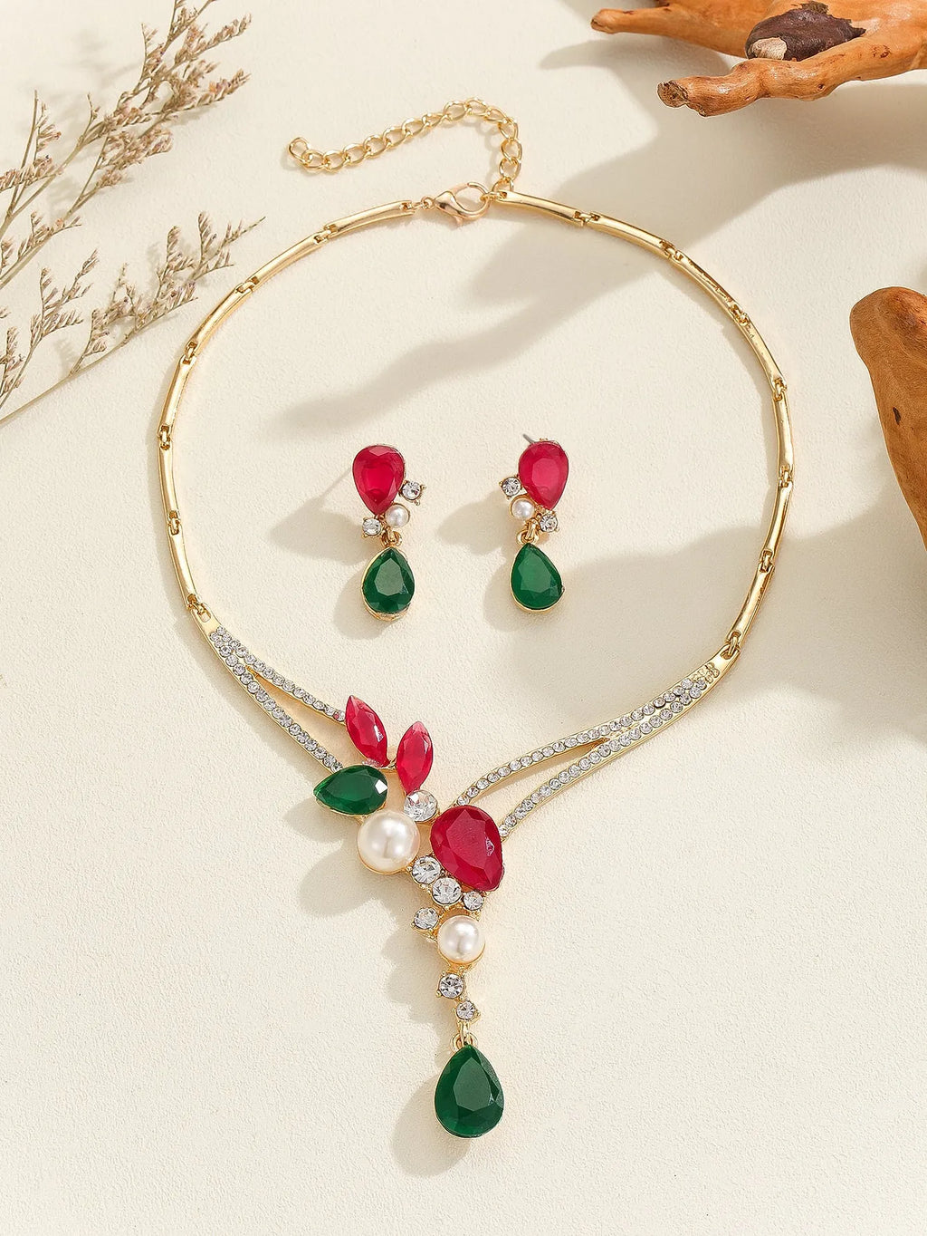 Colourful Indian style alloy pearl earrings and necklace set for women