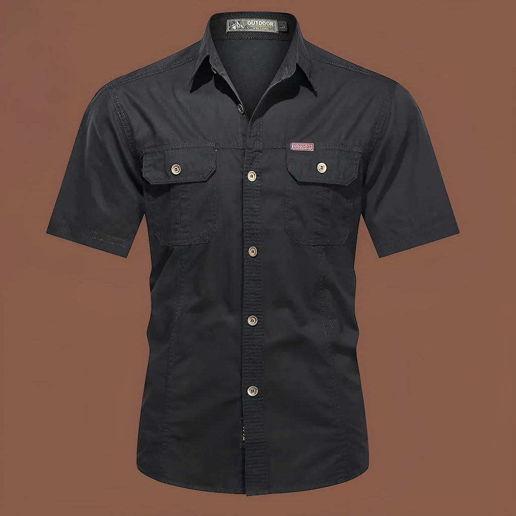 Men's cotton short sleeve work shirt in loose cardigan style, non-ironing treatment, multiple colour options