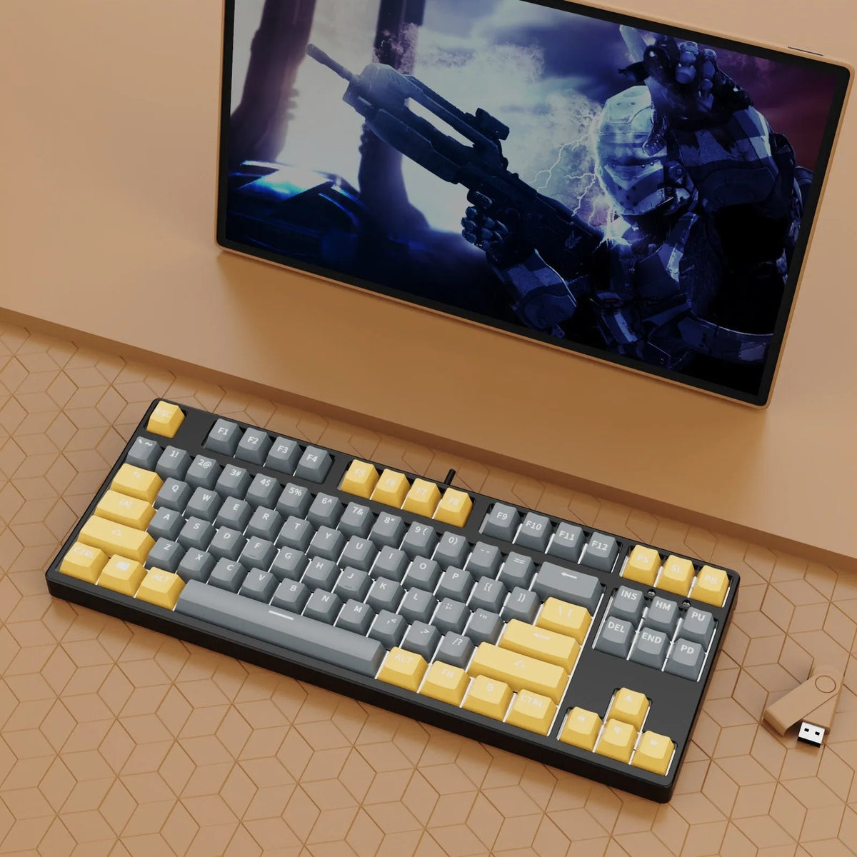 87-key wired mechanical keyboard with hot-swappable switches showing multiple colour combination options