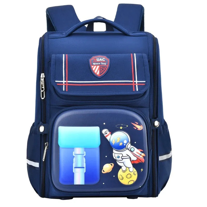 Large blue and red cartoon children's backpack with animal prints and airpillow straps.