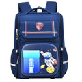 Large blue and red cartoon children's backpack with animal prints and airpillow straps.